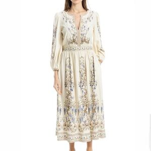 Max Studio Boho Peasant Maxi Dress Balloon Sleeve Linen Blend Blue Floral Print